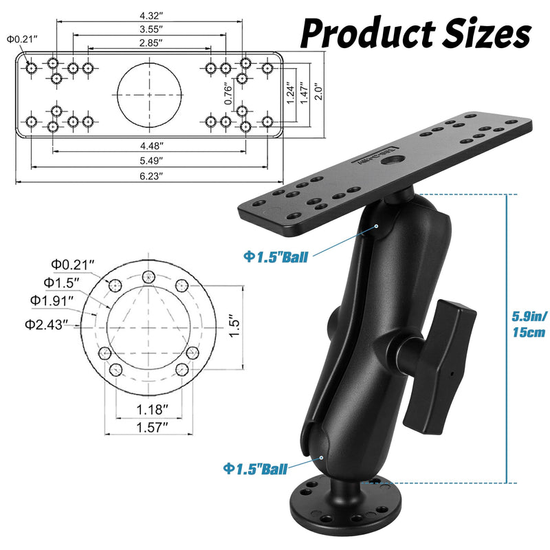 Fish Finder Mount with C Size 1.5" Ball,5.9" Aluminum Arm Marine Electronics/Depth Finder Mount,High Salt Water Resistant,Compatible with Garmin, Lowrance,and More Medium