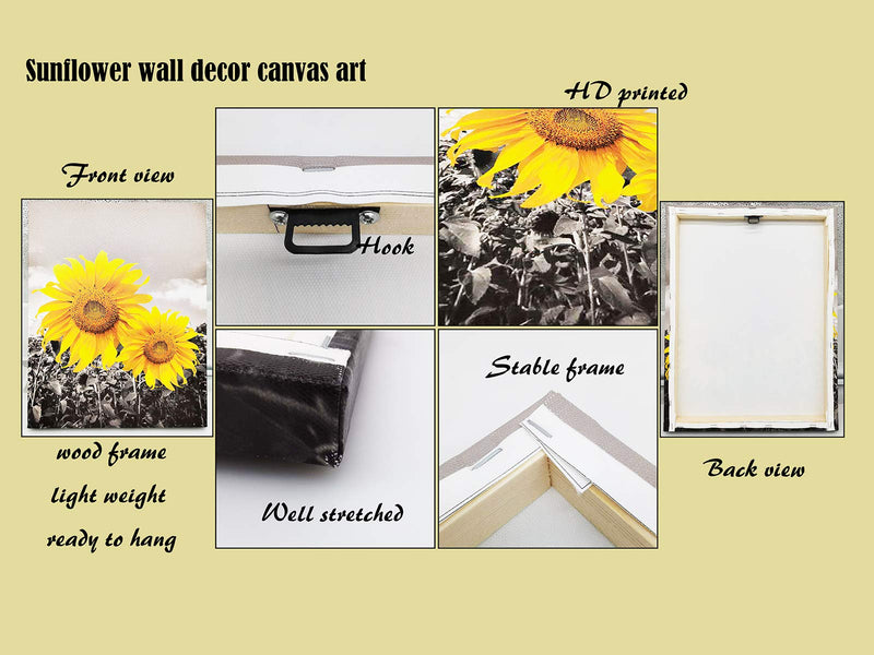 USIXA Sunflower Wall Art for Living Room Black White Flowers Wall Decor Yellow Floral Canvas Prints Painting Wood Frame with Hook Decorative Botanical Blossom Picture Artwork in 3 Panels 12×16 Inches