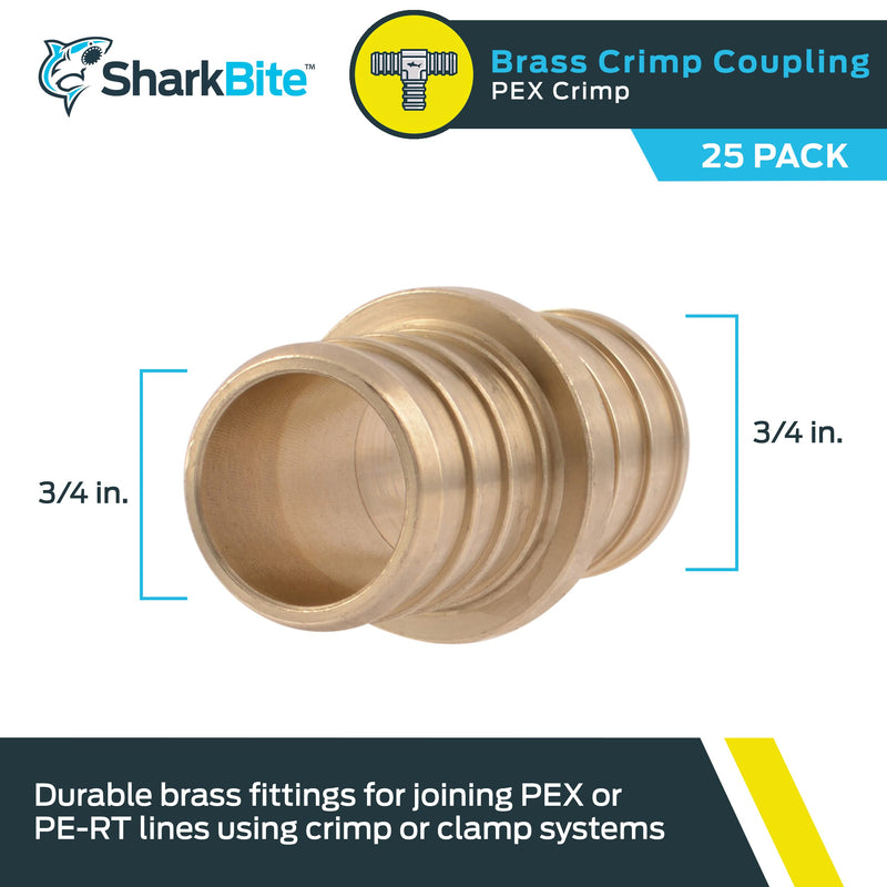 SharkBite 3/4 Inch Crimp Coupling, Pack of 25, Brass Plumbing Fitting, PEX Pipe, PE-RT, UC016LF 3/4 in., 25 pack