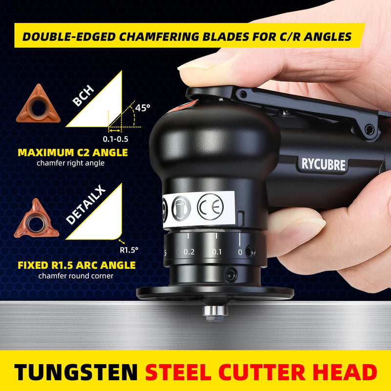 Pneumatic Chamfer Tool - Mini Air Chamfering Machine with 6 C Blades, 6 R Blades & 6 Bearings, 45 Degree Deburring Tool for Metal, Wood, Acrylic - Air Beveling Tool for Precision Work (Yellow) Black
