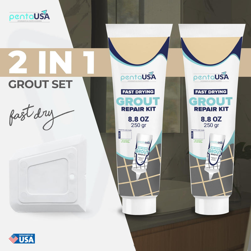 PentaUSA Grout - Premixed Grout Repair Set, 8.8 oz, 2 Pack Tile Grout Tubes, Repairs and Renews Tile Grout in Bathroom and Kitchen, Odorless and Safe Formula - 2 Pack (Beige) Beige
