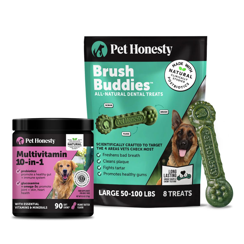 Pet Honesty Dog Wellness Virtual Bundle – 10-in-1 Multivitamin Supplement (Peanut Butter, 90 Ct) + Brush Buddies Dental Sticks for Large Dogs (8 Ct) – Daily Health & Dental Support