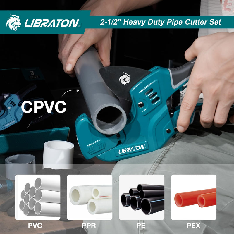 Libraton PVC Pipe Cutter, Up to 2-1/2", Ratchet Pipe Cutter Tool for PEX, PVC, PPR Plastic Hoses Plumbing, Heavy-Duty Pipe Cutter with Deburring Tool Replacement Blade, 2 Adjustable Cutting Ranges 2-1/2"(63mm)