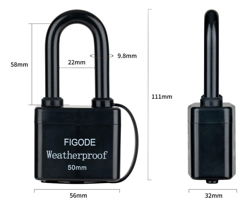 FIGODE® Outdoor Waterproof Padlock, Covered Heavy Duty Laminated Steel Keyed Lock, 2.2 in. Wide, Long Padlock 1 PACK LONG