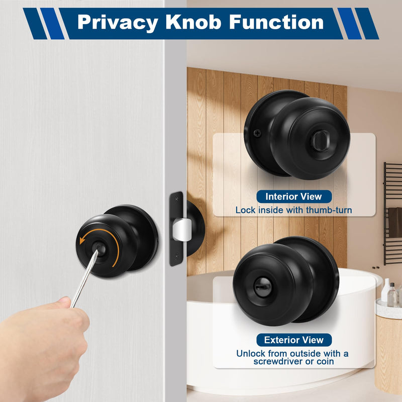 Estmoon 6 Pack Door Knobs, Matte Black Privacy Door Knob with Lock, Keyless Door Handle with Lock for Bedrooms/Bathrooms
