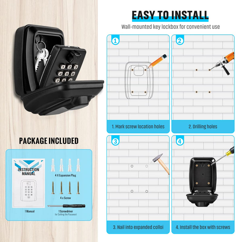 Key Lock Box for Outside, Sturdy Waterproof Wall Mount Lock Box for House Key, 12-Digit Combination Resettable Large Capacity Security Lockbox for Home, Garage, Office, Warehouse Black