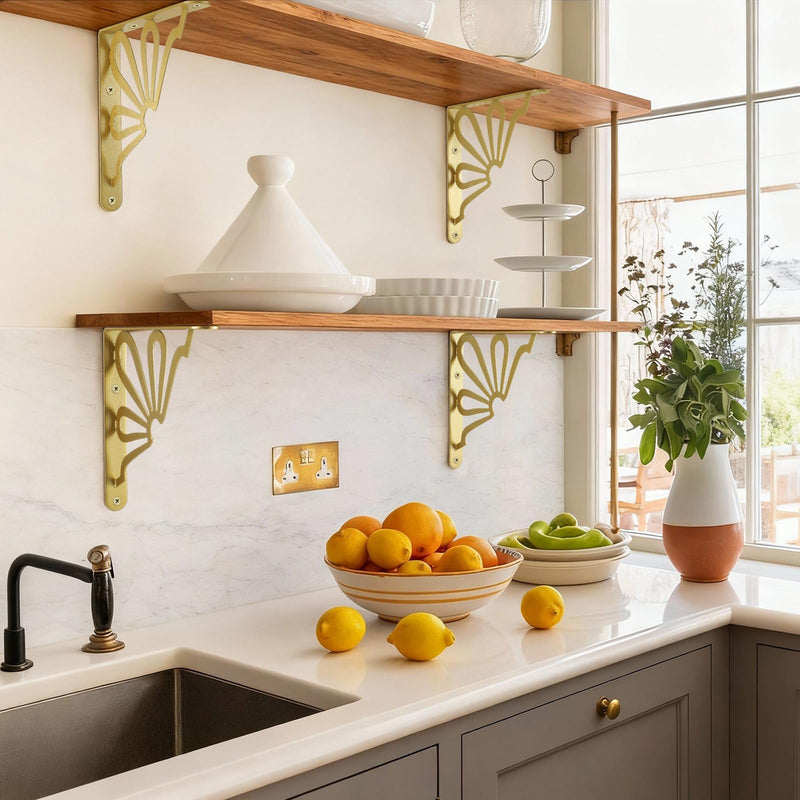 Lounsweer 2 Pcs 8inch Decorative Gold Shelf Bracket Heavy Duty Wall Mounted Support Modern Metal Floating L Shaped Shelf Rack with Hardware for DIY Kitchen Shelving Wall Decor Sun