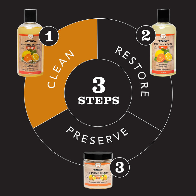 CLARK'S Cutting Board Organic Soap - Cleaner for Butcher Block, Countertop and Utensils - Enriched with Natural Orange & Lemon Extracts - Cleans and Restores Wood - Use Before Food Safe Mineral Oil Orange-Lemon