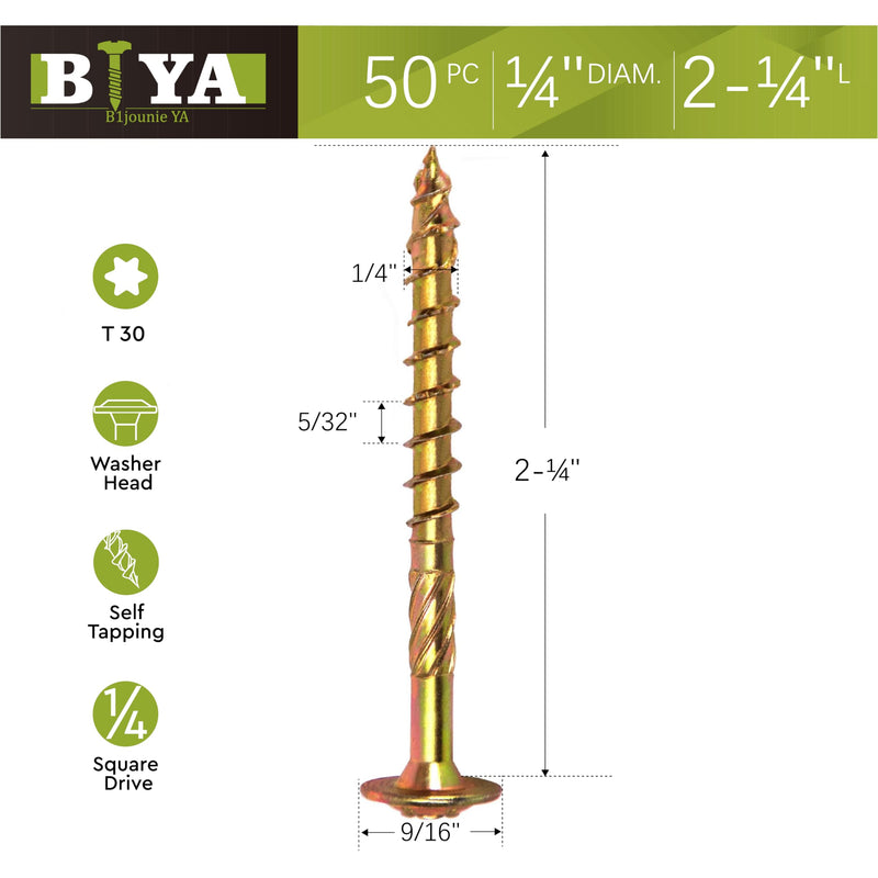 Structural Screws,1/4" x 2-1/4" Construction Lag Screw Torx/Star Drive Heavy Duty Structural Lag Screw Far Superior to Common Lag Screws - Modified Truss Washer Head - 50 Screw Count(Yellow Zinc) 1/4" x 2-1/4" - 50 SCREW COUNT Yellow