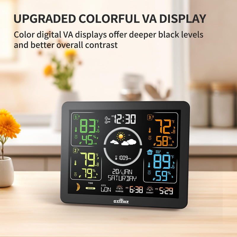 Weather Stations Wireless Indoor Outdoor Thermometer with Multiple Sensors, 7.5" VA Display Weather Forecast Station with Atomic Clock, Temperature, Humidity and Adjustable Backlight for Home Black-Basic Weather Station