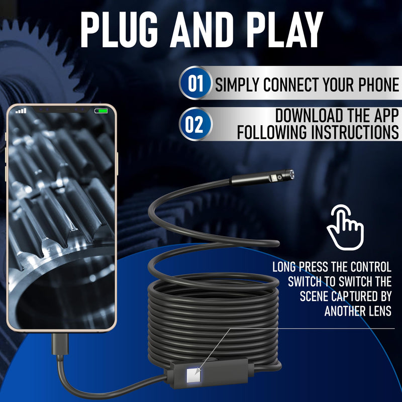 Dual Lens Borescope, Endoscope Camera with Light for iPhone, iPad, Android, 1920P IP67 Waterproof Inspection Camera,16.5FT Semi-Rigid Snake Camera,9 Adjustable Lights,Cool Gadgets for Men 16.5ft