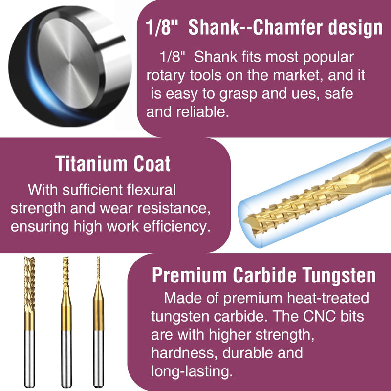 Titanium Coated Engraving Milling Cutter Carbide Bits, 0.8-3mm, 1/8'' Shank, 10 Pieces, for Dremel Rotary Tools