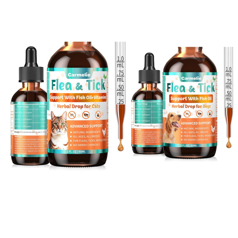Flea and Tick Support Bundle for Dogs and Cats – Oral Flea Drops for Cats + Flea Drops for Dogs – Natural Flea Prevention for All Breeds & Ages