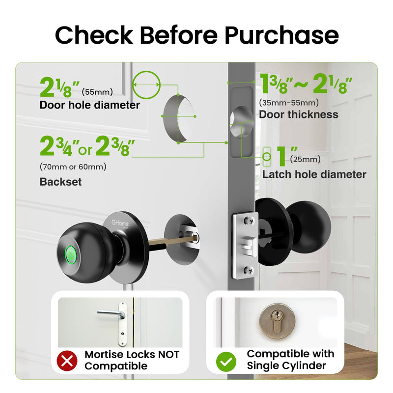 GHome Smart Fingerprint Door Lock, 3 in 1 Smart Fingerprint Door Knob with App Control & Key, Auto Lock, Biometric Thumbprint Door Locks for Bedroom, Garage, Home & Office 3 IN 1 - Black