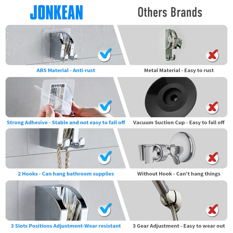 JONKEAN Chrome Handheld Shower Head Holder with 2 Hanger Hooks, Strong Adhesive Shower Head Holder, Adjustable Shower Wand Holder Wall Mount, Bathroom Waterproof Shower Handle Holder No Drill Need 1 Pack