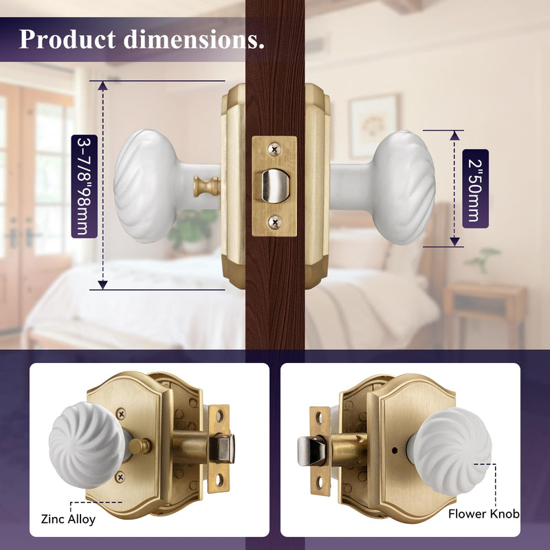 Brushed Gold Door Knobs Interior for Privacy Bath & Bedroom | Zinc Camelot Trim, Gold & White Flower Style