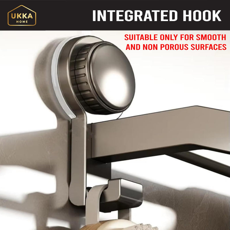 Suction Cup (Twist) Double Rod 24" Towel Bar with Hooks, Bathroom, Kitchen, Glass, Tile. Reusable, ABS+Aluminium, Rustproof, No Drill, No Tools. Hang Towel, Loofah, Sponge (24in/60cm, Gray) Double Rod - 24 in / 60 cm