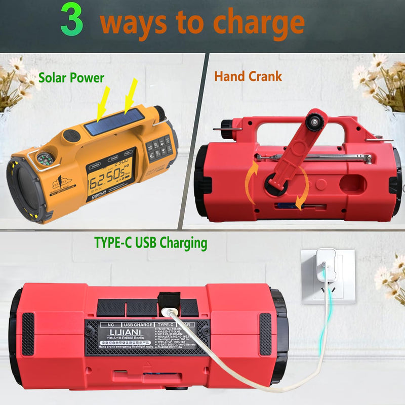 Hand Crank Emergency FM/AM/SW Weather Radio NOAA Alert, USB-C Solar Power, Bright Flashlight with Cell Phone Charger, Timer Clock for Home & Outdoor Hurricane Storm Survival kit Red