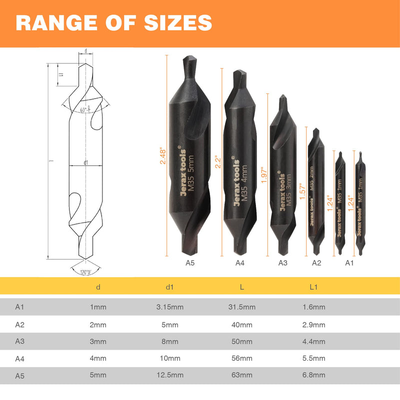M35 HSS 60-Degree Angle Center Drill Bit Set, Countersink Tools for Lathe Metalworking for Stainless Steel, Alloy Steel, Cast Iron, Aluminum and Other Tough Metals (6 pcs)