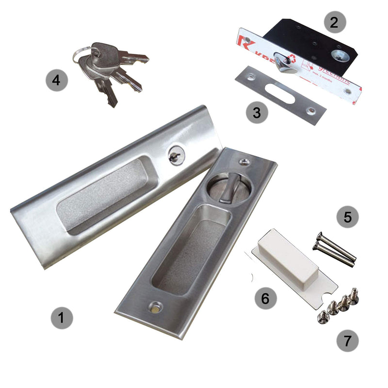 CCJH Sliding Door Lock Invisible Recessed Handle Latch with Keys for Pocket Door Barn Wood Door Interior Privacy Furniture Hardware Silver