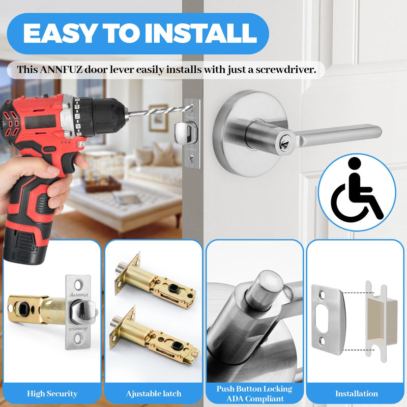 Entry Round Push Button One-Touch Locking Door Handle with Keys,Interior Non-Handed Opening,Reversible Left Right Door Knob,ADA-Compliant,Entrance Lever Lock for Office,Bedroom,Bathroom Satin Nickel Entry