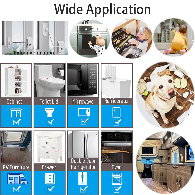 Fingerprint Refrigerator Cable Lock Childproof for Filing Cabinet Door Drawer Freezer, 90 Degree Window Locks French Fridge Latch RV Furniture Anchors Anti Tip, Adhesive/Drill, w/USB Key