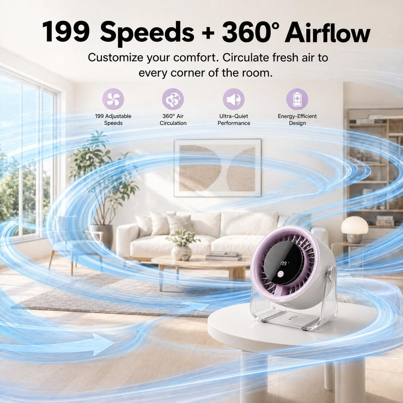Coolking Small Desk Fan Quiet, 199 Speeds Battery Operated Rechargeable Fan Purple
