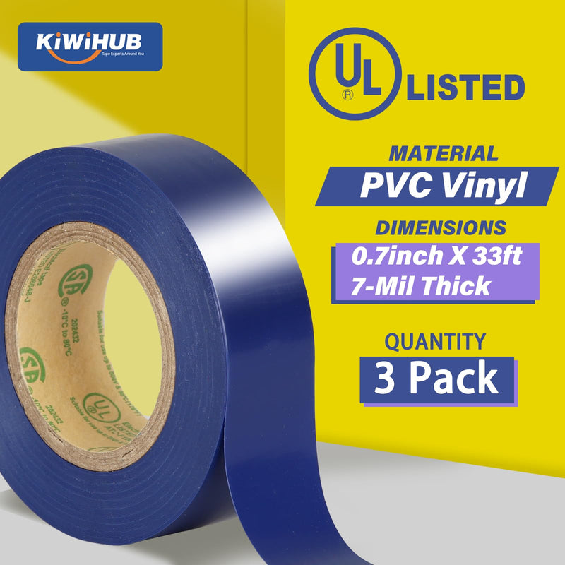 Blue Electrical Tape, UL Approved, Industrial Grade Vinyl Electrical Insulating Tape, Electric Tape for Improvement Electrical Equipment, 0.7in X 33ft (3 Pack) Blue