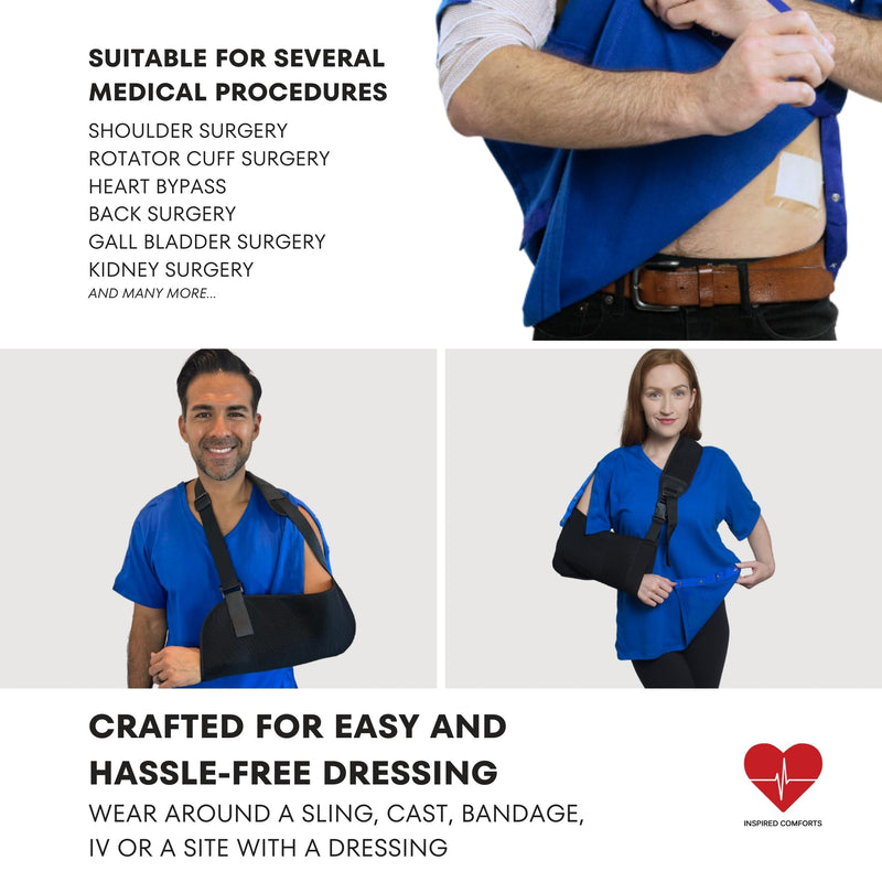 Inspired Comforts Unisex Post Surgery & Rehab V Neck Dual Access Snap Shirt X-Large Blue