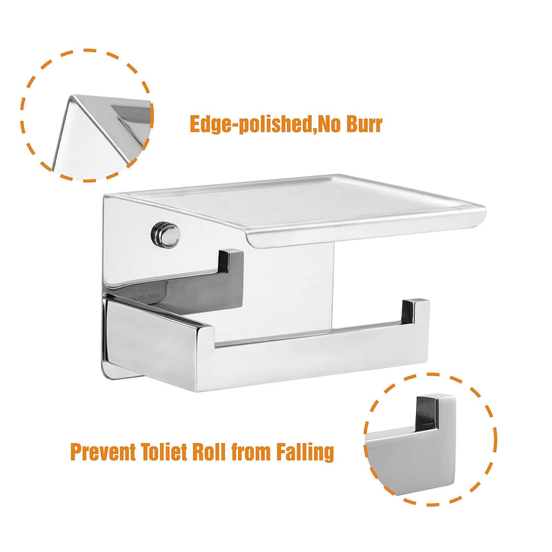 HITSLAM Toilet Paper Holder with Shelf, Stick on Chrome Tissue Roll Holder Self Adhesive or Wall-Mount with Storage Shelf for Bathroom Medium