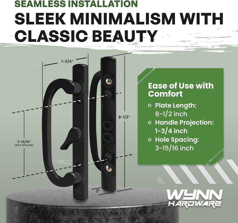 8.5" Legacy Sliding Patio Door Handle Set – Fits 3-15/16" Hole Spacing, 45° Mortise Lock, Non-Keyed, Center Latch, Black, Sash Controls 2265 – for 1-1/4" to 2-1/4" Thick Doors