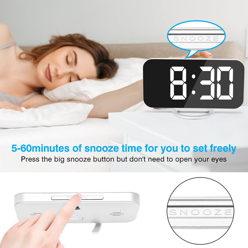 Sukeen Digital Alarm Clock,6" Large LED Display with Dual USB Charger Ports | Auto Dimmer Mode | Easy Snooze Function, Modern Mirror Desk Wall Clock for Bedroom Home Office for All People (White) White