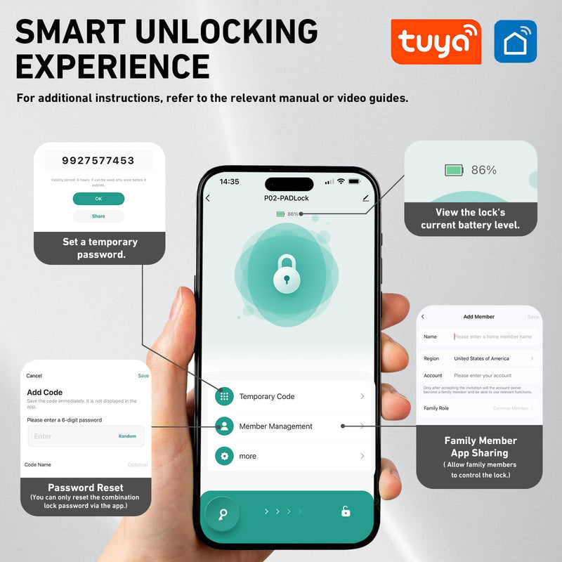 Smart Combination Lock for Locker, Digital Padlock for Gym Locker Lock with APP, 6 Digit Combination Lock, Waterproof Outdoor Gate Lock Padlock for School, Gym, Fence, Travel