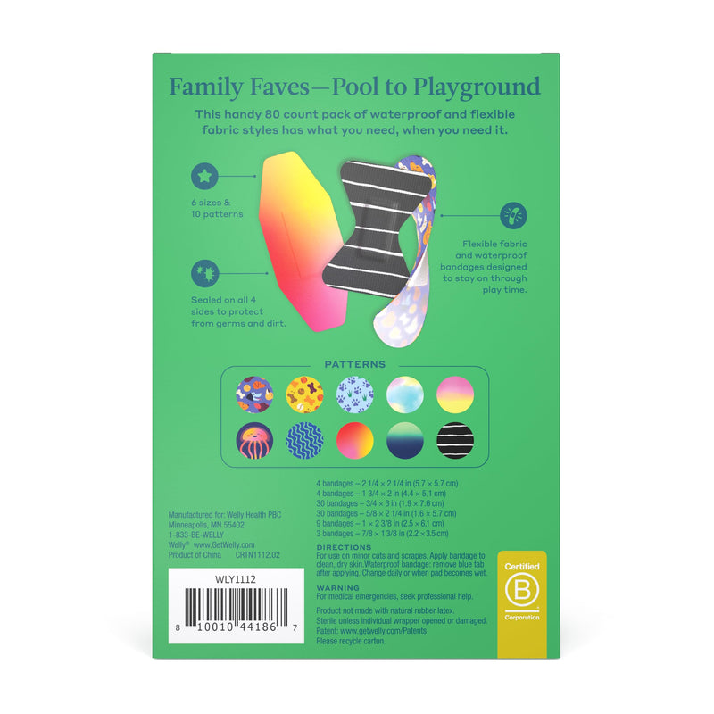 Welly Bandage Family Pack | Adhesive Flexible Fabric & Waterproof Bandages | Assorted Shapes and Patterns for Minor Cuts, Scrapes, and Wounds - 80 Count 80 Count (Pack of 1)