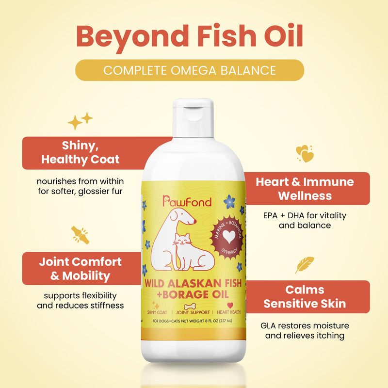 Fish Oil for Dogs & Cats - Wild Alaskan Salmon & Pollock Oil, Omega 3 EPA DHA, Borage Oil GLA 22%, Anti-Itch & Allergy Relief, Skin & Coat Supplement, Joint & Immune Support, 100% Natural, 8oz Pump 8 FL OZ