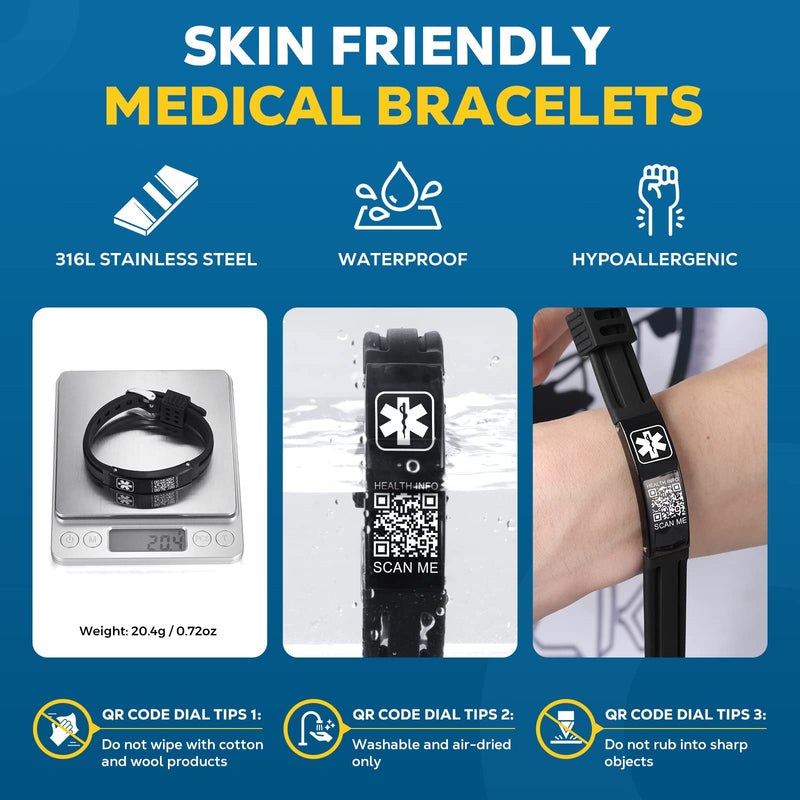 Medical Bracelets for Men Women with QR Code Medical Alert ID Bracelets for Sport Travel - Silicone Waterproof Wristband Fits Wrists Up to 8 inches - More Space Custom Emergency Medical ID Alert Information 9.45'' Folding Buckle - Black+Black