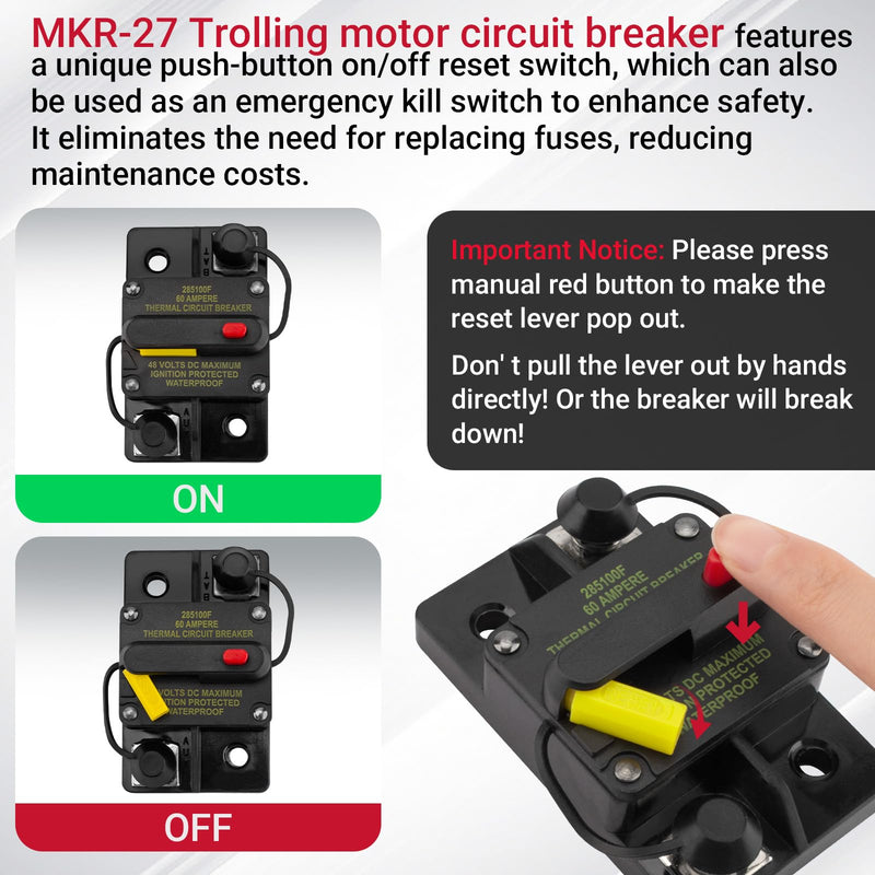 MKR-27 60 Amp Trolling Motor Breaker Compatible with All Minn Kota Motors 12V/24V/36V/48V, with Manual Reset Function and Protective Insulator Cap, for Freshwater Saltwater Marine Use