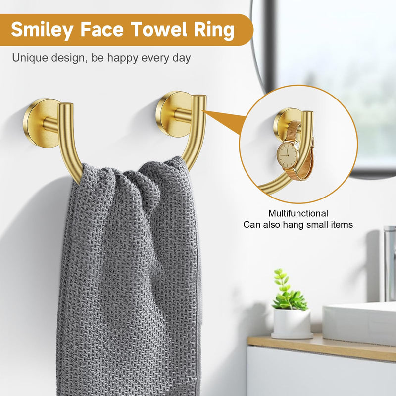 Brushed Gold Smiley Face Towel Ring Bathroom Hand Towel Holder Stainless Steel Wall-Mounted Bathroom Hardware Accessories Towel Rack Brushed Gold