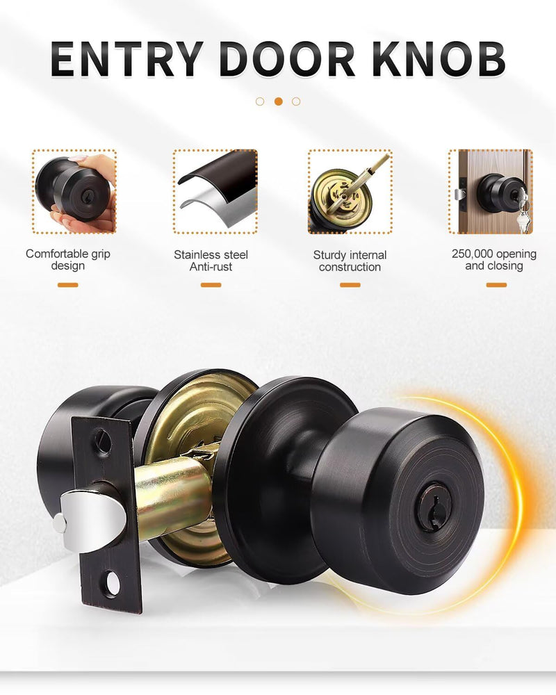 Probrico Keyed Alike Entry Door Knobs, Oil Rubbed Bronze Cylindrical Shape Interior Door Knobs with Lock and Keys,3 Pack