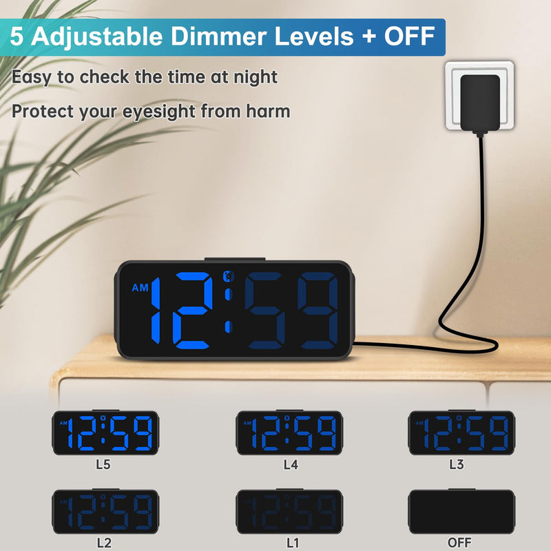 Peakeep Small Digital Alarm Clock Plug in for Bedrooms Bedside, Tiny Electric Clock Large Big Numbers Display with Battery Backup for Desk Table, 6 Dimmers, 5 Adjustable Alarm Volumes (Blue) Blue