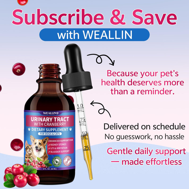 WEALLIN Cat & Dog Natural Urinary Tract Infection Treatment with Cranberry, Kidney, and Bladder Support Supplement, Support for Urinary Comfort & Bladder Flow – Pet Renal Care Support Drops 1 PC