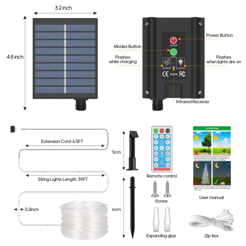 ICRGB 66FT 200LED Solar Rope Lights, Outdoor Waterproof Solar Lights with Remote, IP67 Solar Powered String Lights with Timing & 8 Modes for Garden Tree Pathway Yard Pool RV Christmas Decor, White