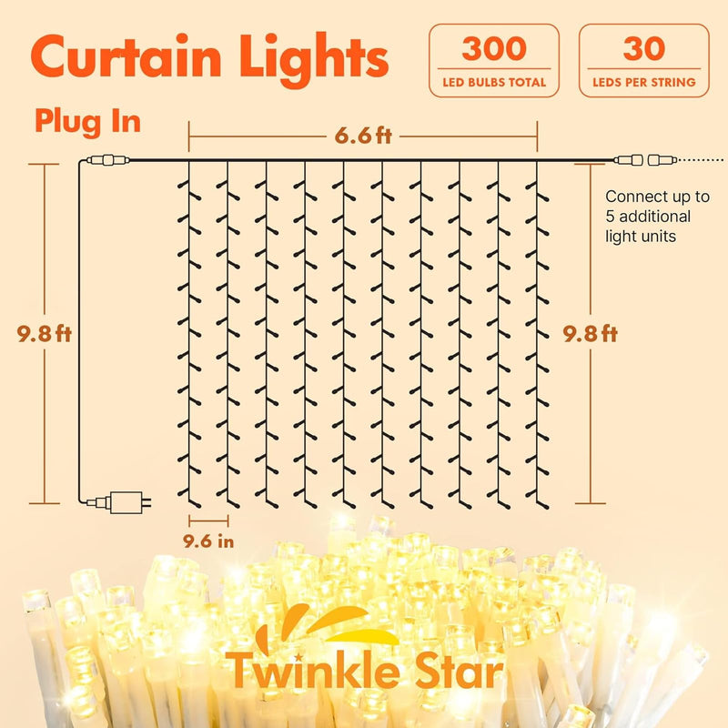 Twinkle Star 300 LED Curtain String Lights, 8 Modes Plug in Fairy Lights for Bedroom,Wedding,Party,Birthday, Hanging Twinkle Light for Indoor Outdoor Wall Window Backdrop Decoration, Warm White *Warm white