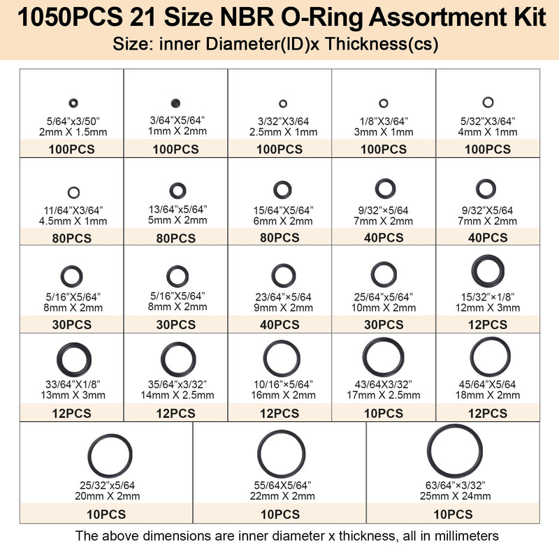 Romeda O Ring Kit 1050 PCS, O Ring Assortment Kit 21 Size, Metric Nitrile Rubber O Rings for Car Auto Vehicle Repair Faucet Plumbing Air or Gas Sealing Connections Resist Oil and Heat