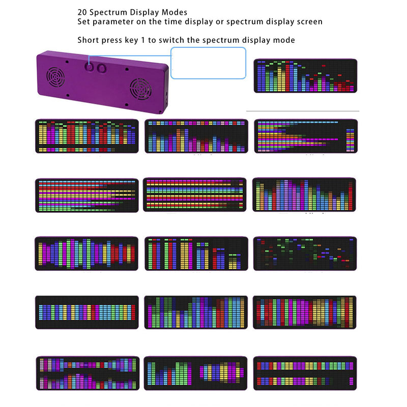Music Spectrum Display, 384 LED Audio Spectrum Analyzer with Clock, 20 Dynamic 7 Color Music Spectrum Pickup Analyzer with 1624 Segment Rhythm Light Level Voice Sensor, for Audio