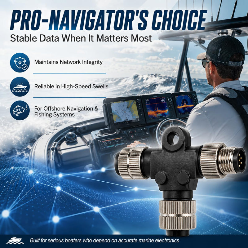 Metal Shielded NMEA 2000 T-Connector (Tee) – Upgraded Heavy Duty Marine Network Splitter with Corrosion-Resistant Brass Nuts, Compatible with Garmin Lowrance Simrad B&G Navico (3-Way) 3 way
