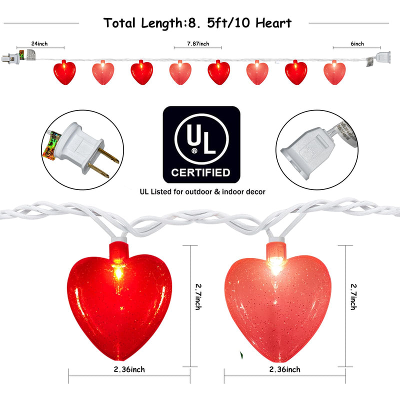 Valentine's Day Decor 8.5Ft Heart Fairy String Lights with 10 Red Pink 3D Heart Lights, Plug in Valentine's Day Love Heart String Lights for Indoor Outdoor Patio Wedding Anniversary Party Decorations Red Pink Heart Lights 8.5 Ft