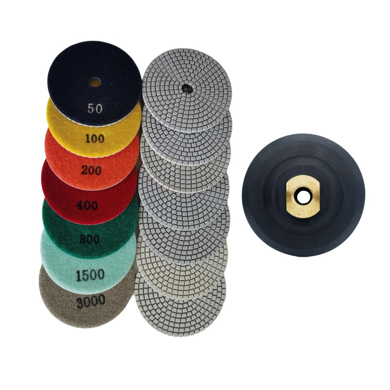 4 Inch Wet Dry Diamond Polishing Pads Set with 5/8-11 Rubber Backer Pads for Marble Quartz Stone Countertop Granite Concrete Polishing 7 pcs 50-3000 Grit Resin