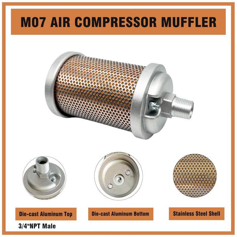 M07 Air Compressor Muffler 3/4" NPT Male, Air Exhaust Silencer for Dryer Compressor Air Pump, Compressed Air Equipment and Systems, 145 PSI