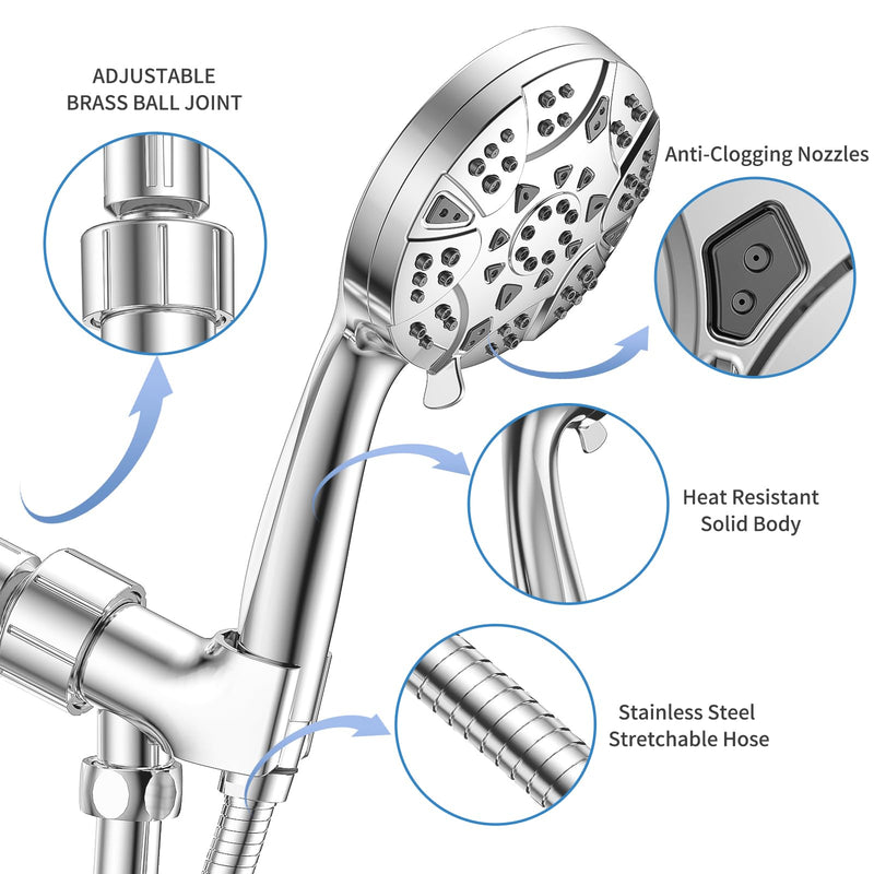 High Pressure 8-mode 5'' Handheld Shower Head with 5 ft Stainless Steel Hose and Adjustable Bracket, Built-in Power Wash to Clean Tub, Clean Corner,Tile & Pets Silver